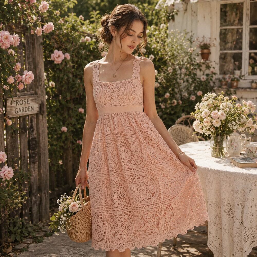Just Me Crochet Lace Dress Sz M Coquette Cottagecore Peach Milkmaid Asymmetric